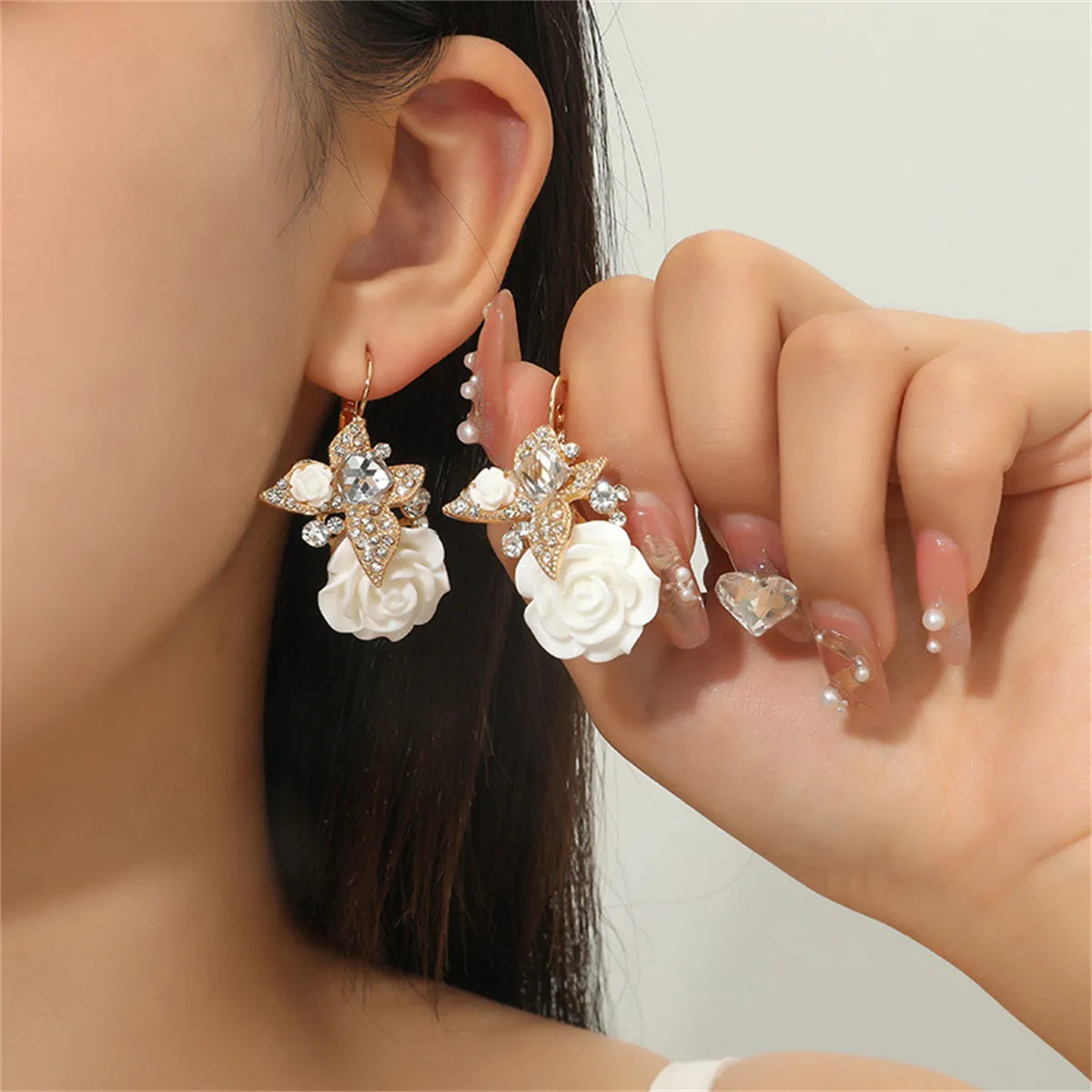 White Crystal & Cubic Zirconia Flower Drop Earrings