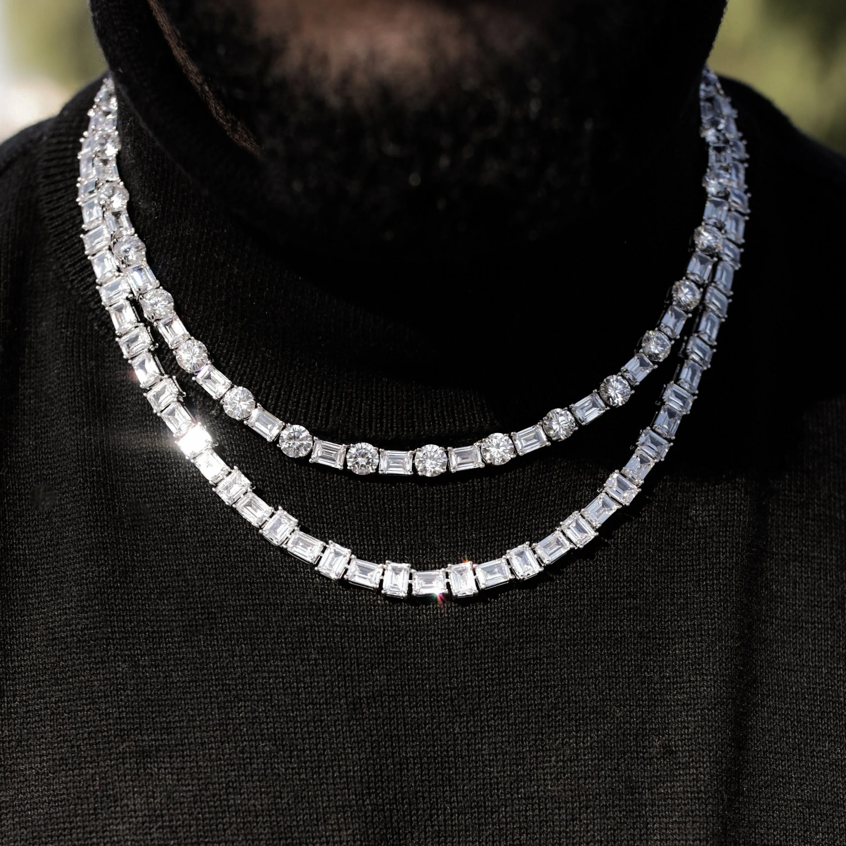 White Gold Emerald & Round Cut Tennis Chain