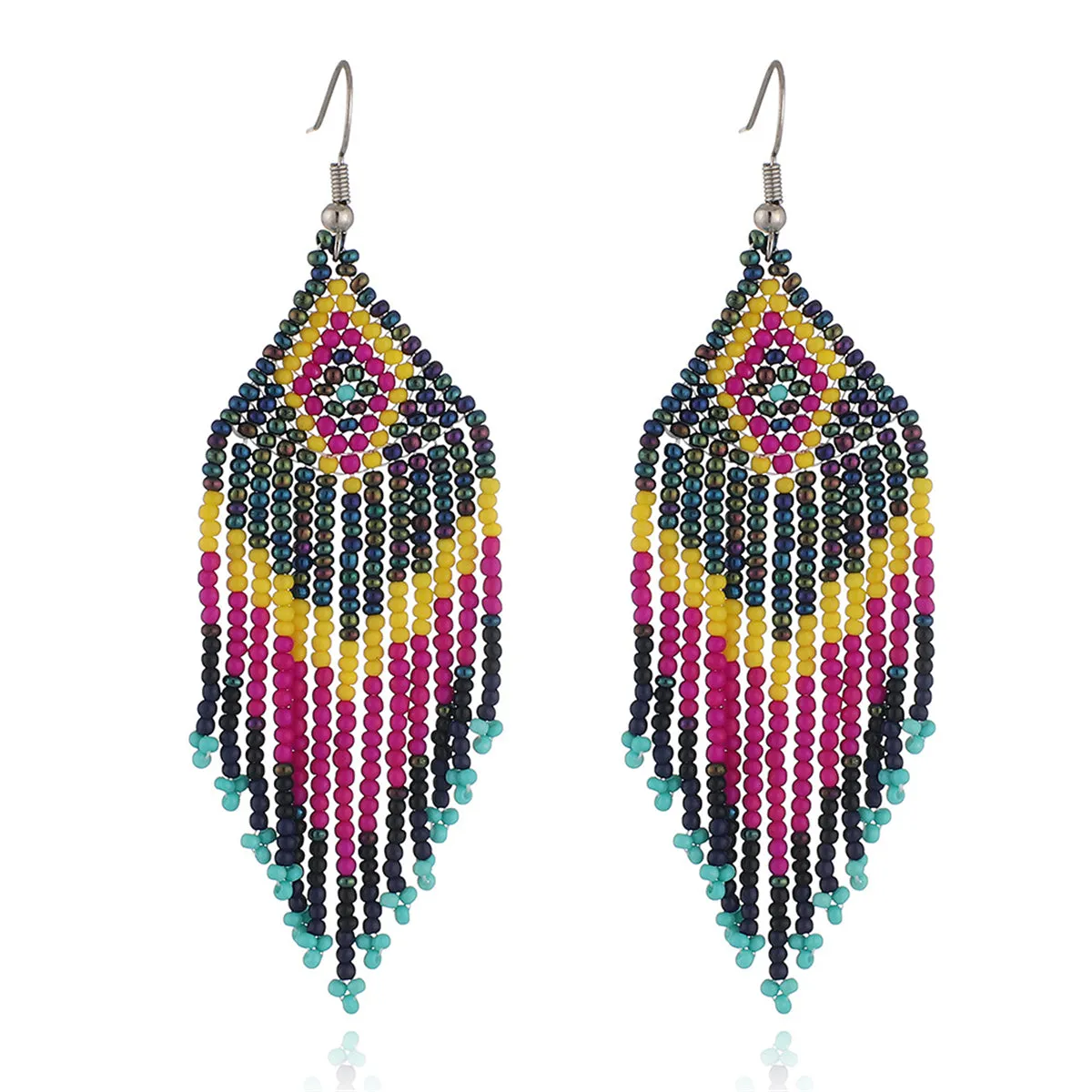 Yellow & Fuchsia Howlite Rhombus Tassel Drop Earrings