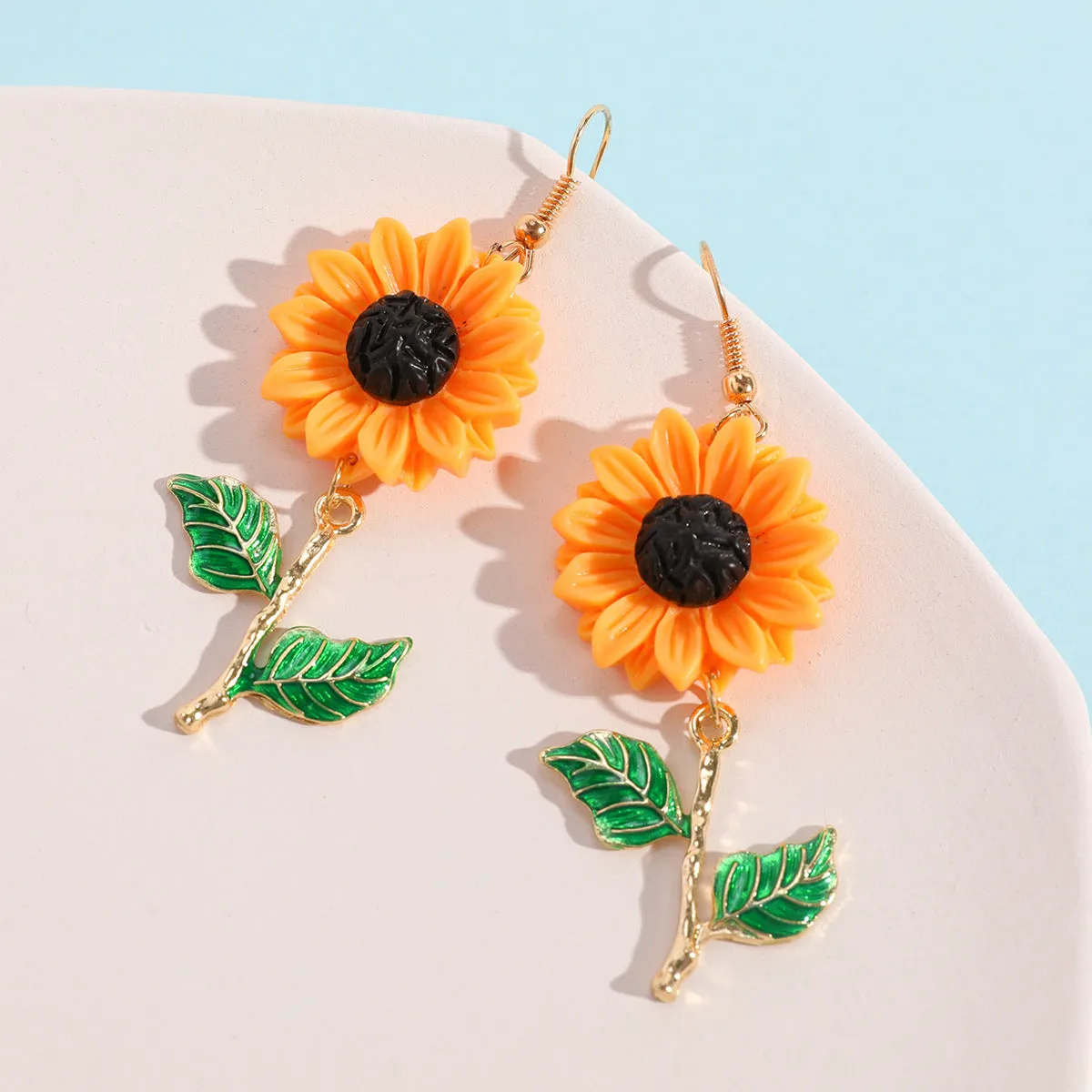 Yellow & Green Sunflower Drop Earrings