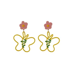 Yellow & Pink Flower Butterfly Drop Earrings