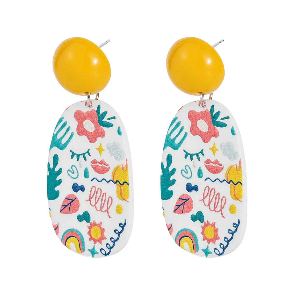 Yellow & Teal Botanical Oval Drop Earrings