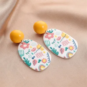 Yellow & Teal Botanical Oval Drop Earrings