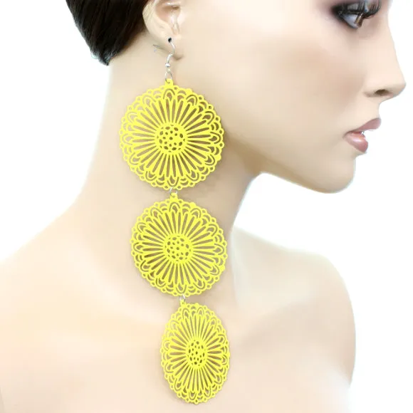 Yellow Long Triple Sunburst Dangle Earrings