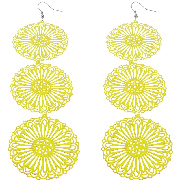 Yellow Long Triple Sunburst Dangle Earrings