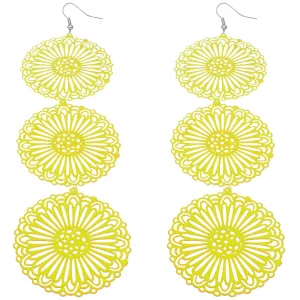 Yellow Long Triple Sunburst Dangle Earrings