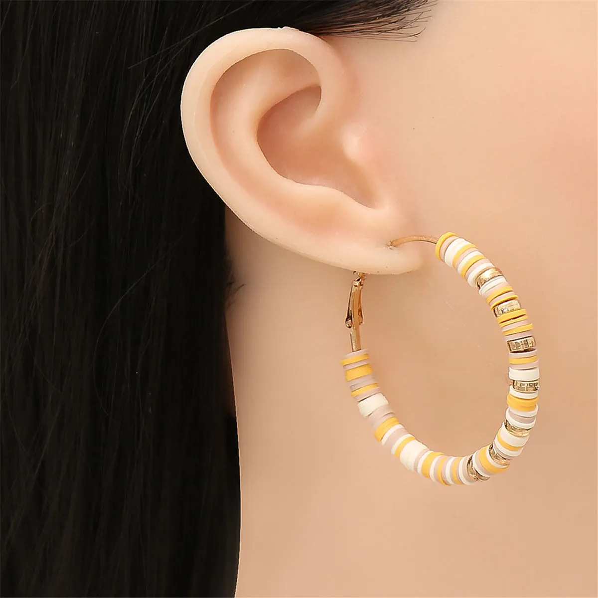 Yellow Polymer Clay & 18K Gold-Plated Clay Beads Hoop Earrings