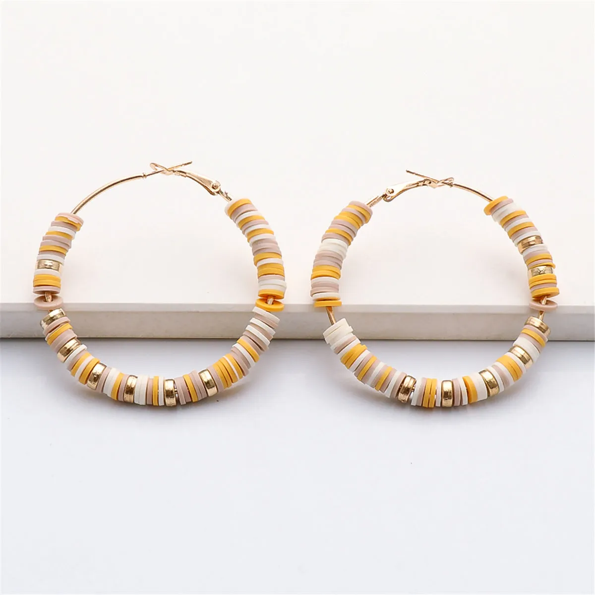 Yellow Polymer Clay & 18K Gold-Plated Clay Beads Hoop Earrings